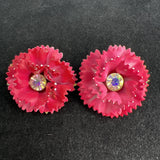 Vintage Pink Enamel & Rhinestone Flower Clip Earrings 3D Metal Carnation READ Carnation