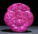 5CM Chinese Powder Jade Carve Peony Flower Butterfly Phoenix Bird Amulet Pendant Peony