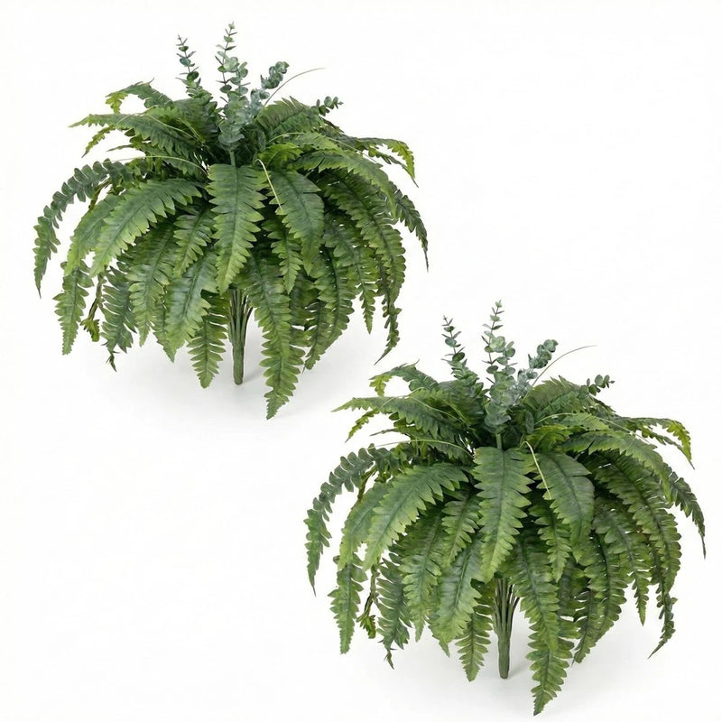 2-pack artificial outdoor ferns, green frond stems and leaf clusters on two plants