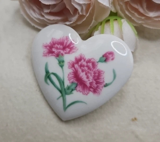 Vintage Avon Floral Brooch Signed Carnation Porcelain Heart January Birth Flower Carnation