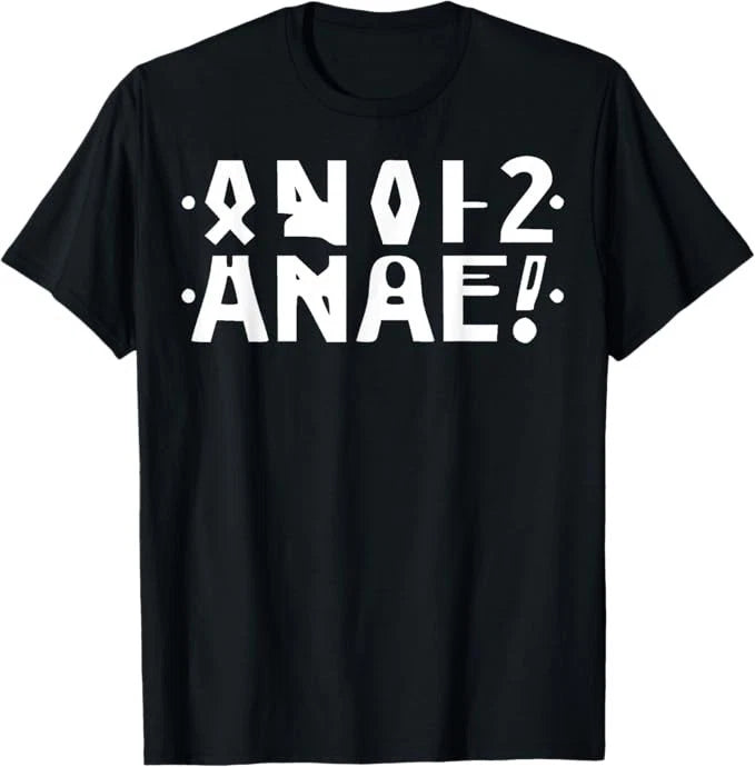 Black crew-neck T-shirt with white abstract hidden-message graphic