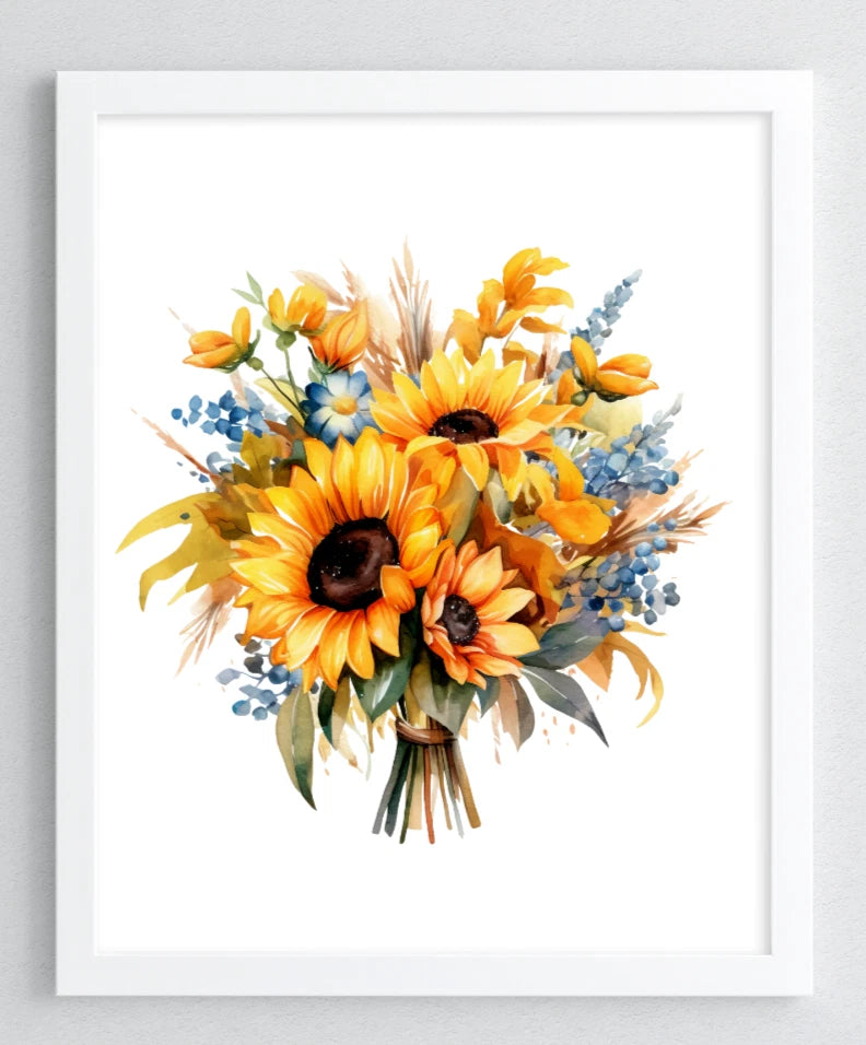 Floral Art Print, Sunflower Bouquet Wall Art Decor, Botanical Art Print #551 Sunflower