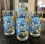 Set of (4) Vintage Libby Blue Hydrangea Floral Cooler / Drinking Glasses 16 Oz Hydrangea