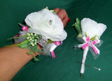 Wrist Corsage Men's Corsage Bright Pink White Silver Silk 2 Piece New USA SELLER Bouquet