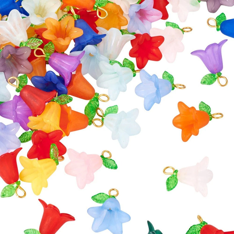 Set of colorful acrylic lily flower charms with gold-tone loops for jewelry making