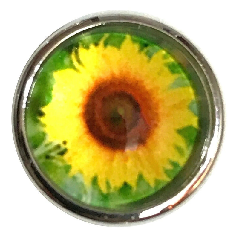 Sunflower circular glass cabochon jewelry insert with yellow petals and green leaves