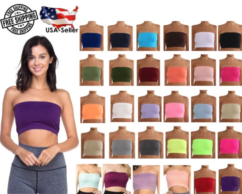 Seamless tube top bandeau bralette, purple stretch fabric with wide strapless fit