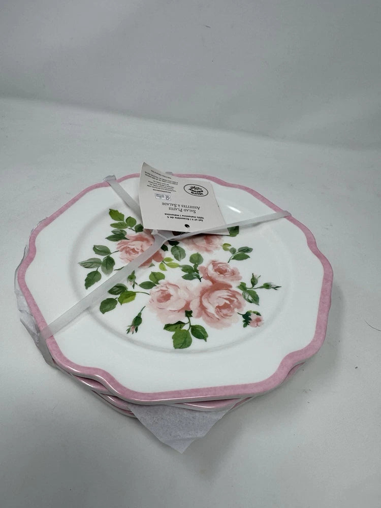 LAURA ASHLEY melamine salad plate set of 4, pink rose floral design, scalloped rim