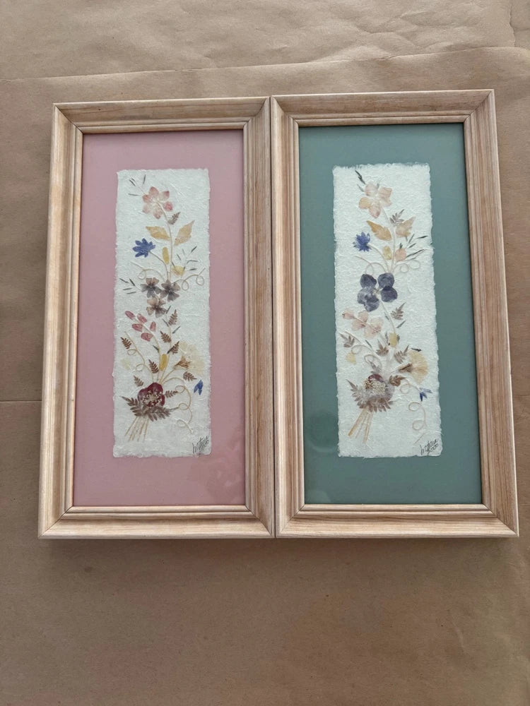 Set of two framed pressed floral botanical panels with pink and blue mats