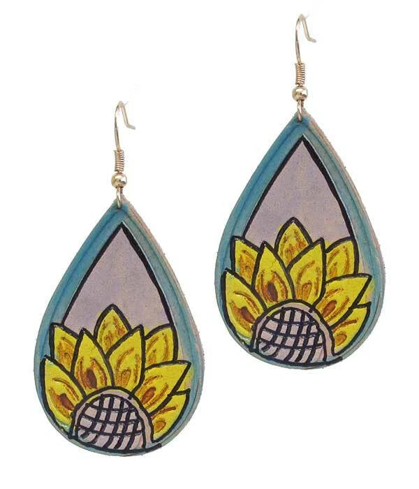 Sunflower leatherette drop earrings, teardrop shapes with painted yellow petals and hooks