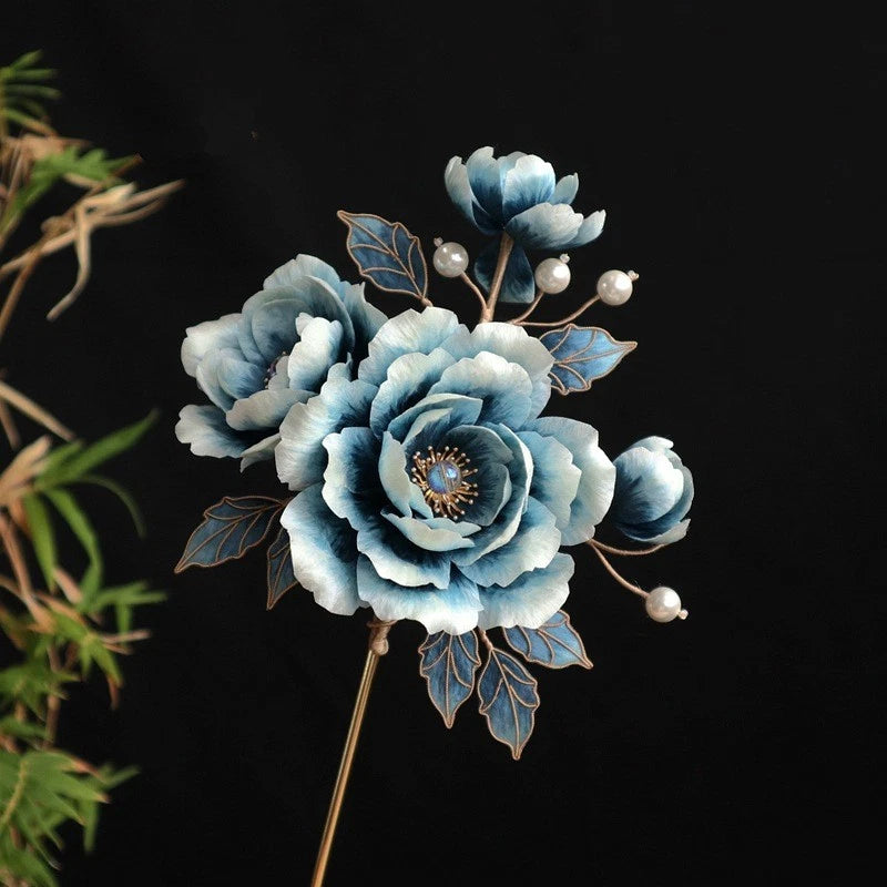 Handmade Velvet Hairpin with Blue and White Gradient Peony Flower Hairpin Peony