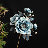 Handmade Velvet Hairpin with Blue and White Gradient Peony Flower Hairpin Peony