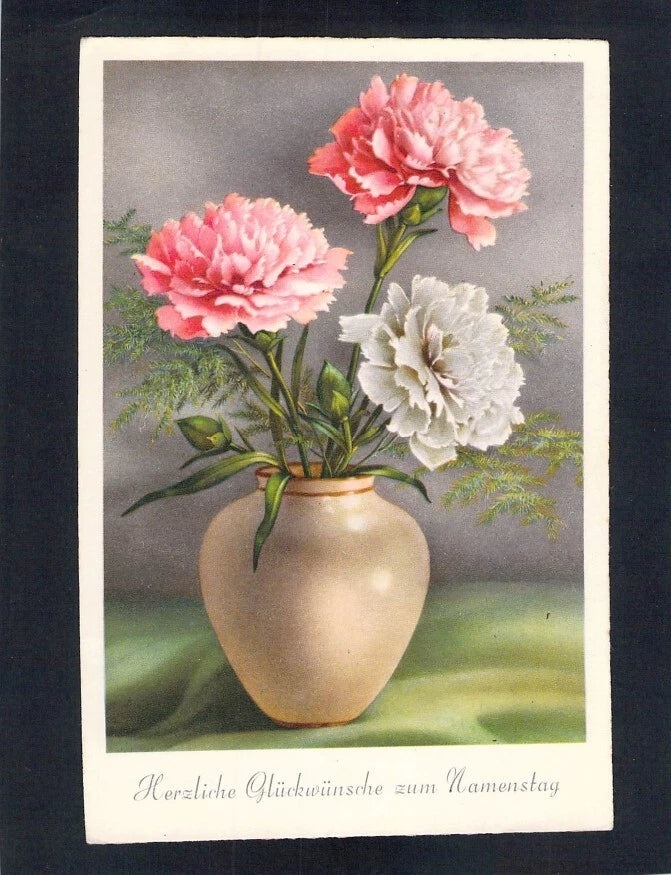 Vintage floral postcard with pink and white carnations in a tan vase