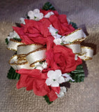 NEW 4" Long Artificial 5 Red Rose Wrist Corsage With Sparkly Gold Bow Bouquet