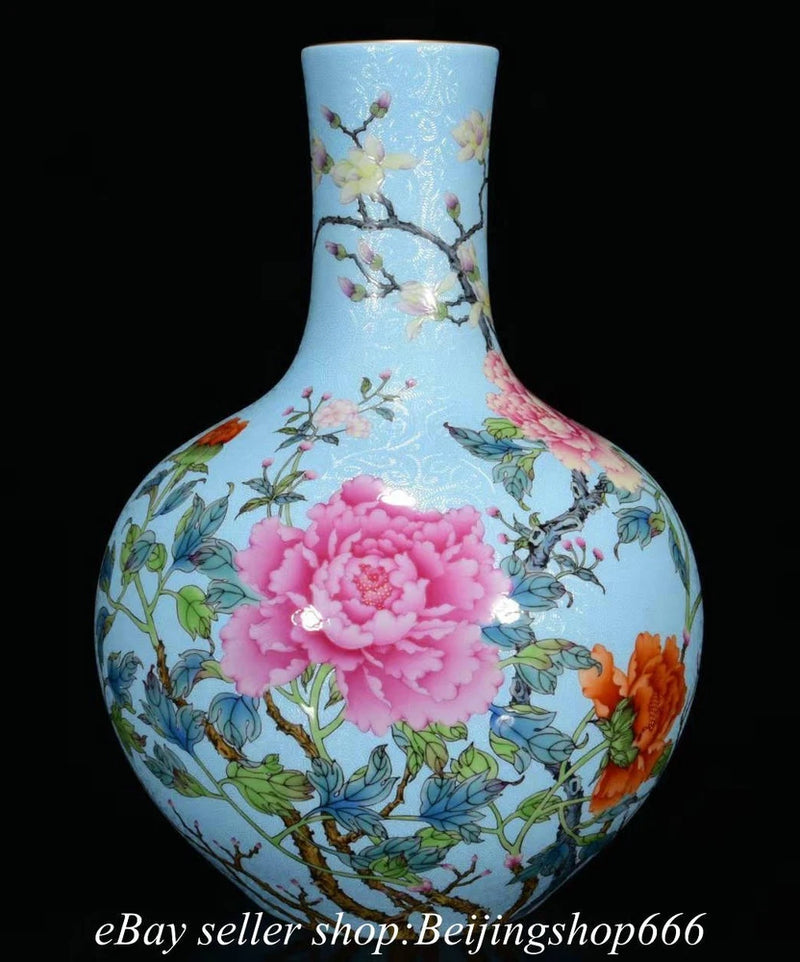 Pastel blue porcelain bottle vase with pink peony and multicolor floral design