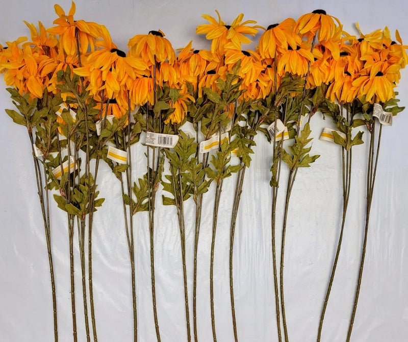 Faux sunflower flower stems bundle with orange-yellow blooms on green craft picks