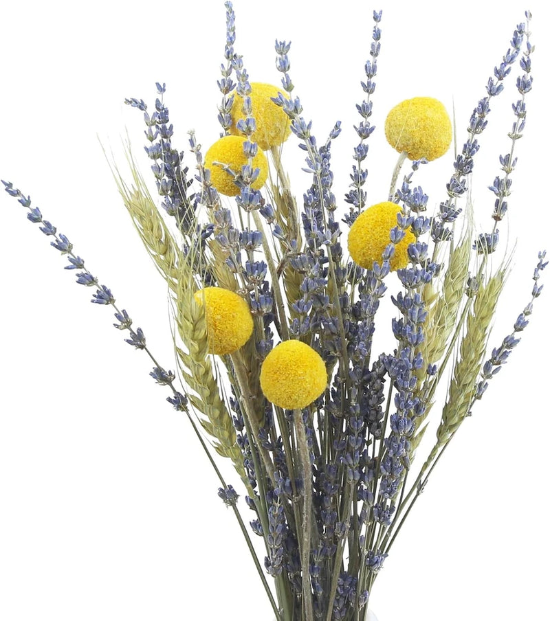 Dried flower bouquet with lavender spikes, yellow pom-poms, and wheat stalks