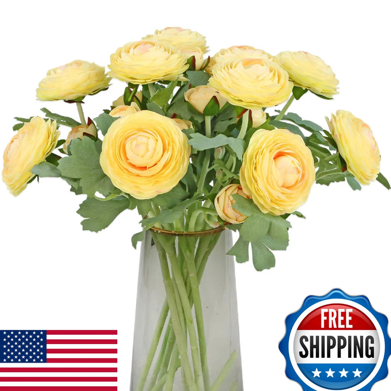 Artificial Ranunculus Flowers Real Touch Stem Silk Creamy Yellow 19" 10PCS Ranunculus