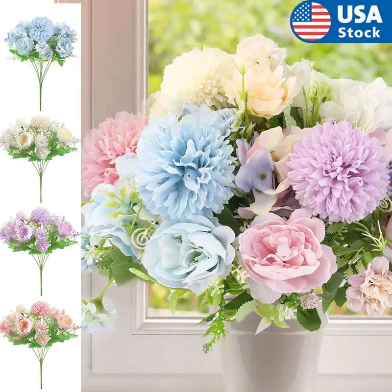 Artificial peony bouquet with pastel blooms: light blue, pink, lavender, and cream, plus greenery