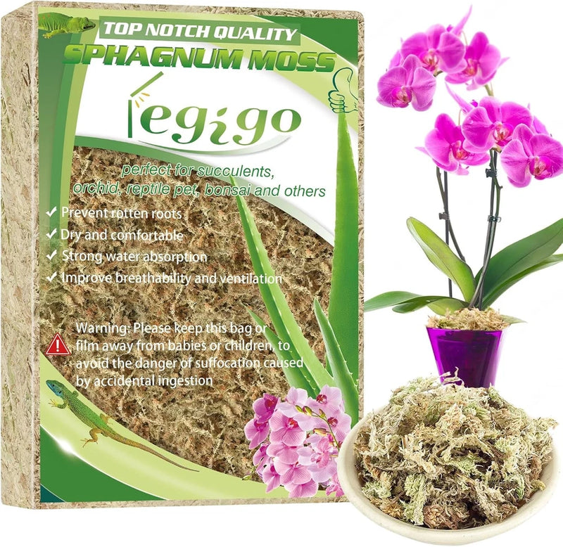 Legigo sphagnum moss potting mix bag with dried moss and pink orchids in a pot