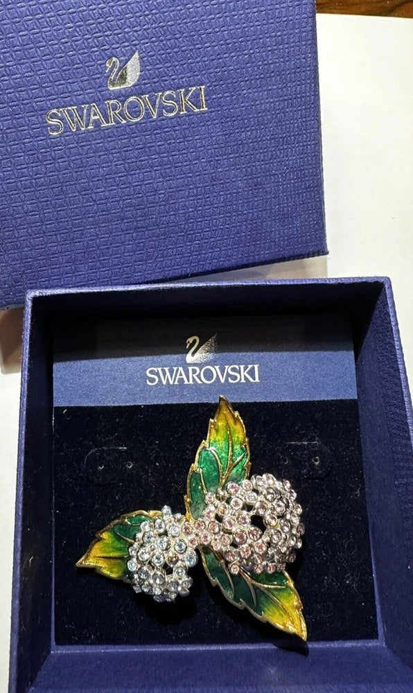 Swarovski Swan Blue Pink Crystals Hydrangea Flower Green Enamel Brooch GIFT BOX Hydrangea