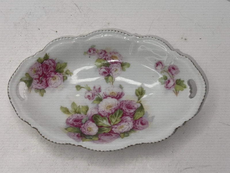 Vintage Oval Porcelain Pink Carnation Floral Jewelry Trinket Soap Dish Marked 89 Carnation