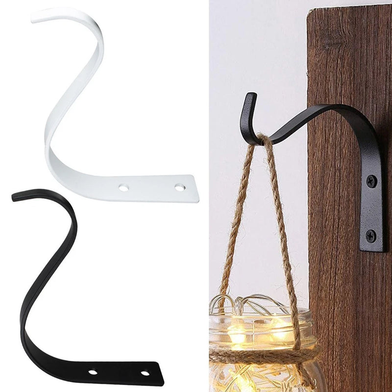 Wall-mounted iron plant hanger hook bracket with curved hook and screw-mount plate