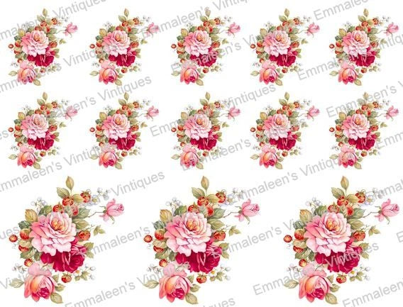 Victorian pink rose and strawberry waterslide decal sheet with floral clusters