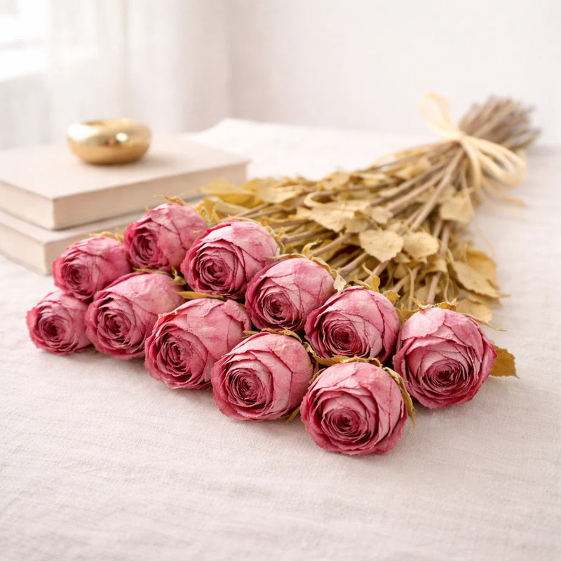 Pink faux dried rose bundle with long stems, set of 12