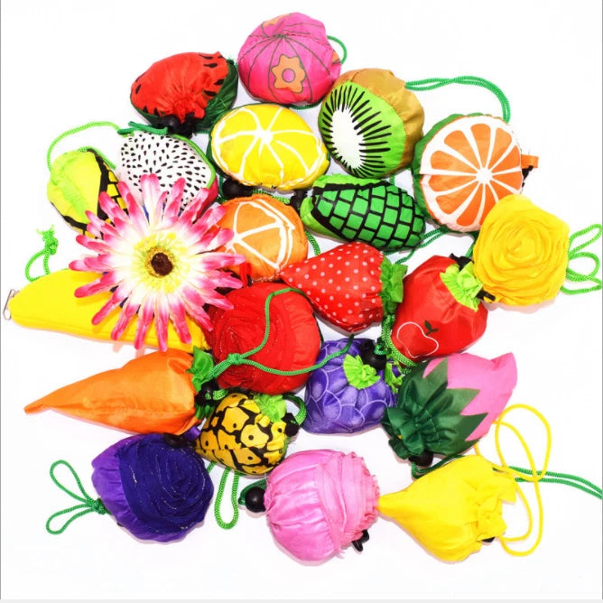 Assorted foldable reusable fabric shopping pouch bags with fruit and flower prints