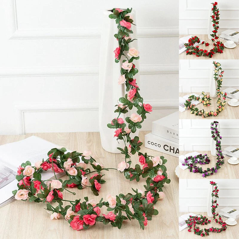 Artificial flower garland with red, pink, and cream peony blooms and green leaves