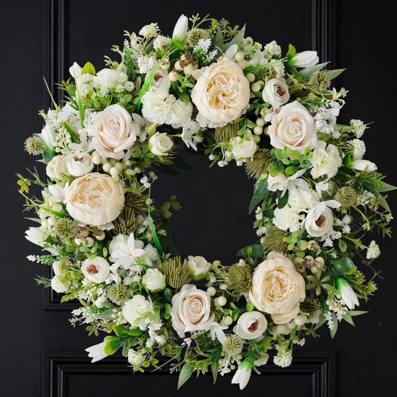 Artificial white peony rose wreath with layered blooms and green leaves