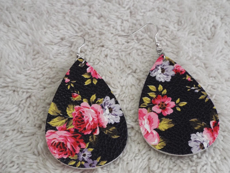 Teardrop floral vinyl pierced earrings with black, pink, and red flower print