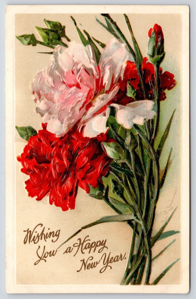 Embossed carnation bouquet greeting card with red and pink flowers and Happy New Year