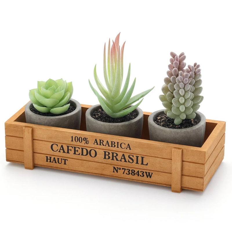 3 PCS Artificial Succulents Plants Small Fake With Wooden Box Office Desk Decor Green Plant