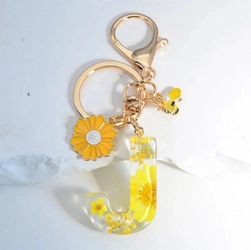 Honeybee Keychain Dry Flower Resin Sunflower Pendant Keyring INITIAL J Sunflower