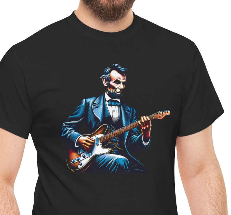 Black graphic T-shirt with a man playing an electric guitar