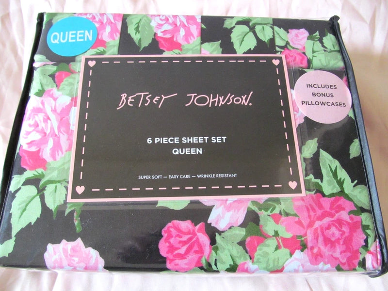 Queen sheet set with black base and pink green rose floral pattern, soft easy-care