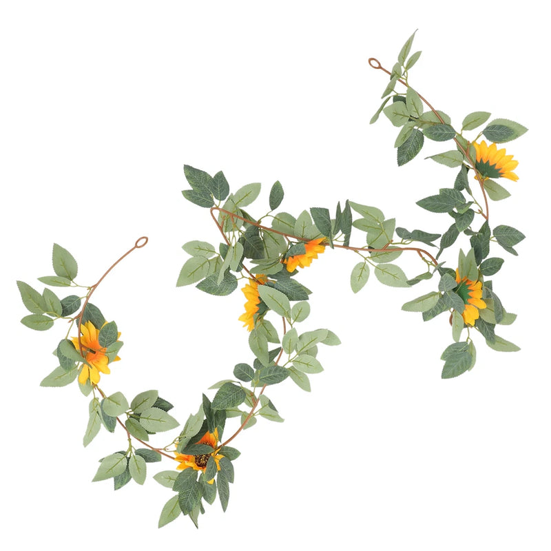 Artificial sunflower vine garland with green leaves and multiple yellow blooms
