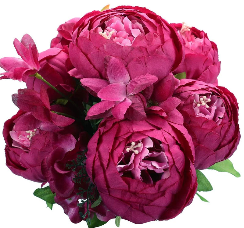 Artificial silk peony bouquet with multiple magenta blooms and green leaves