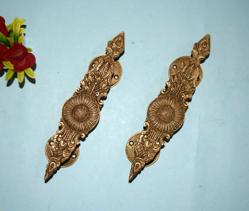Brass door pull handles with sunflower engraving, dull golden finish, decorative front plates