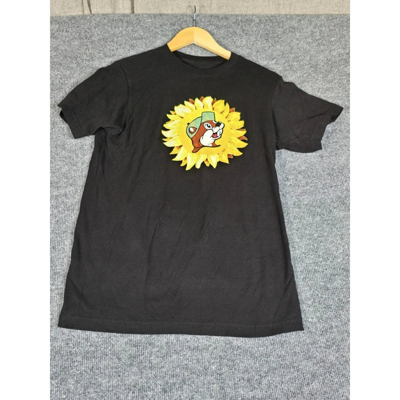 Black T-shirt with bright sunflower graphic featuring cartoon animal