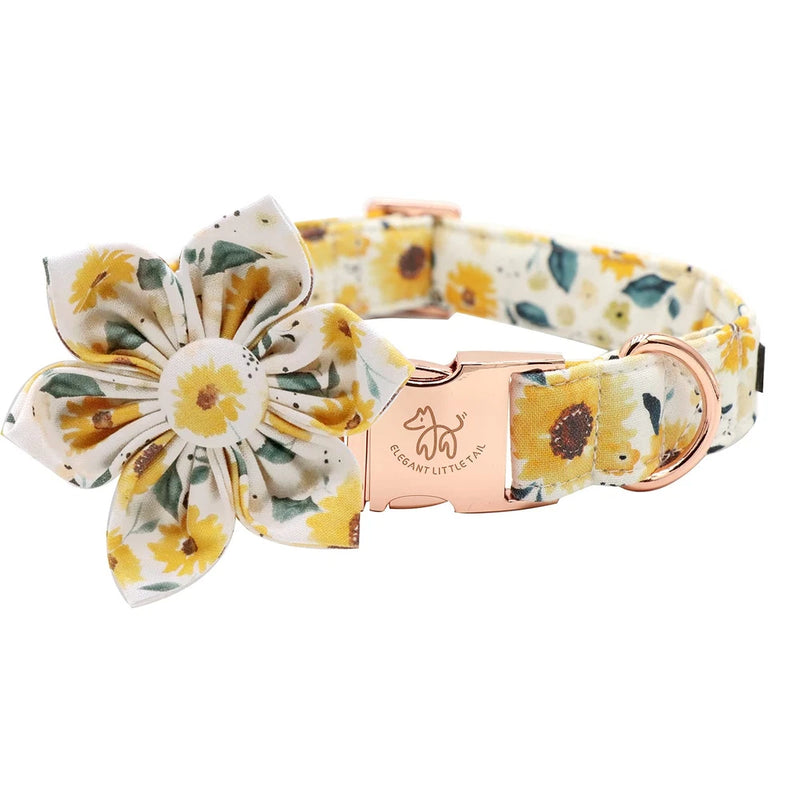 Adjustable sunflower print pet collar with floral bow and metal buckle ring