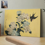 Japan Flowers Hydrangea Swallow Large Color Hokusai CANVAS WALL ART 30x20 in Hydrangea