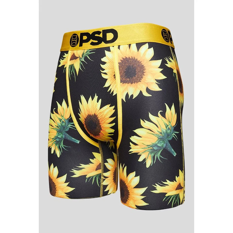 Men's boxer briefs with sunflower print, black and yellow, PSD logo waistband.