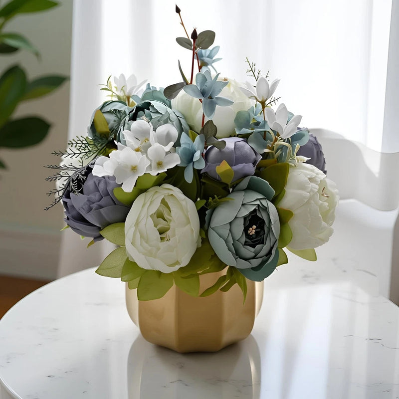 Large Artificial Flowers with Vase, Handcrafted Silk Rose & Hydrangea Floral ... Hydrangea