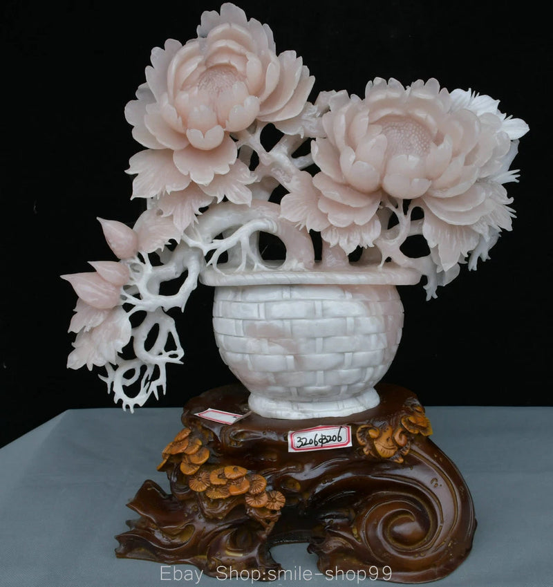 Carved peony flower bird basket statue with white vase and brown decorative base