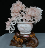 18" China Natural Pink Xiu Jade Carved Fengshui Peony Flower Bird Basket Statue Peony