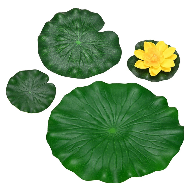 1-Set Artificial Foam Lotus Flower with Water Lily Pads, 4/7/11" [Yellow] Lily