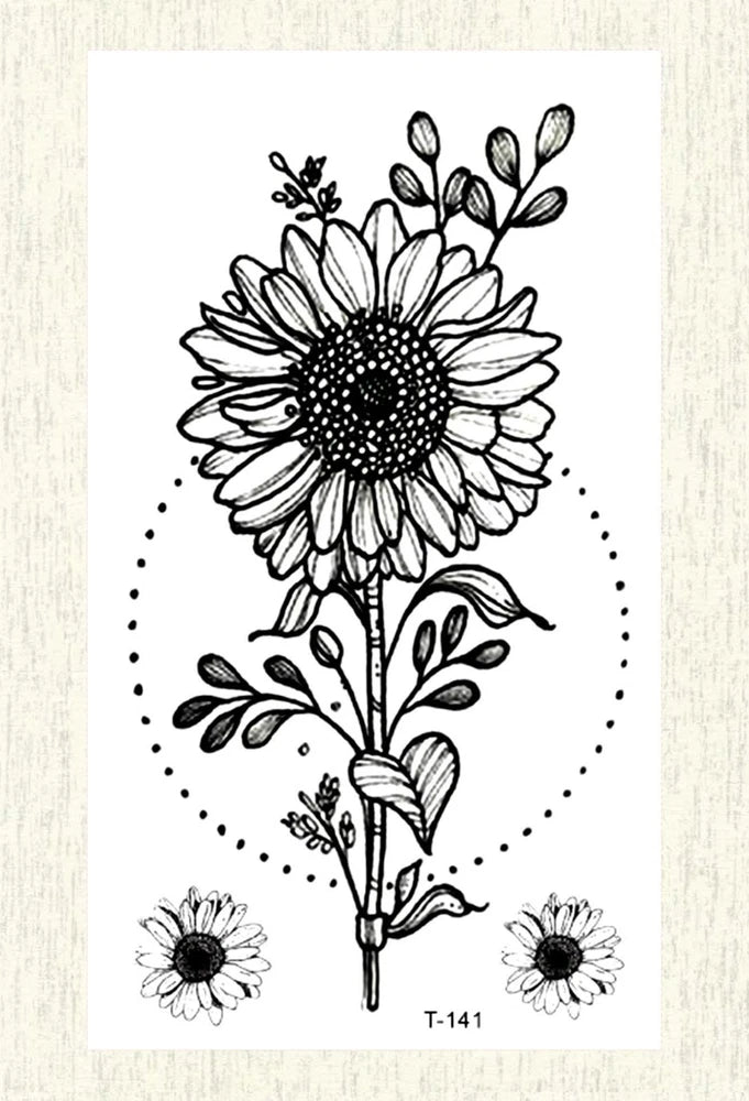 Small temporary sunflower wrist tattoo sheet, black line flowers with daisy accents